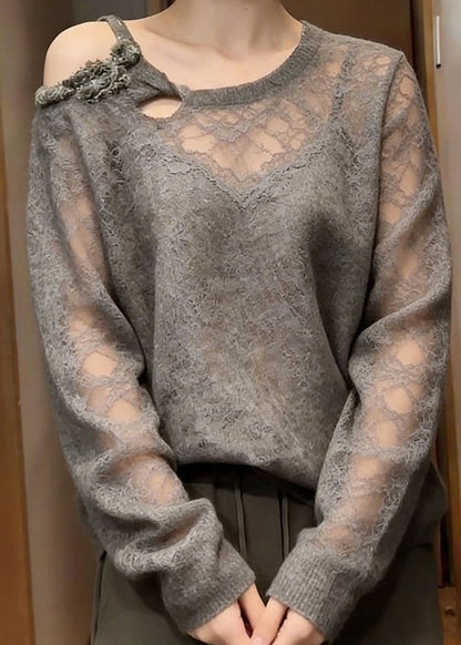 Organic Grey One Shoulder Hollow Out Lace Top Summer