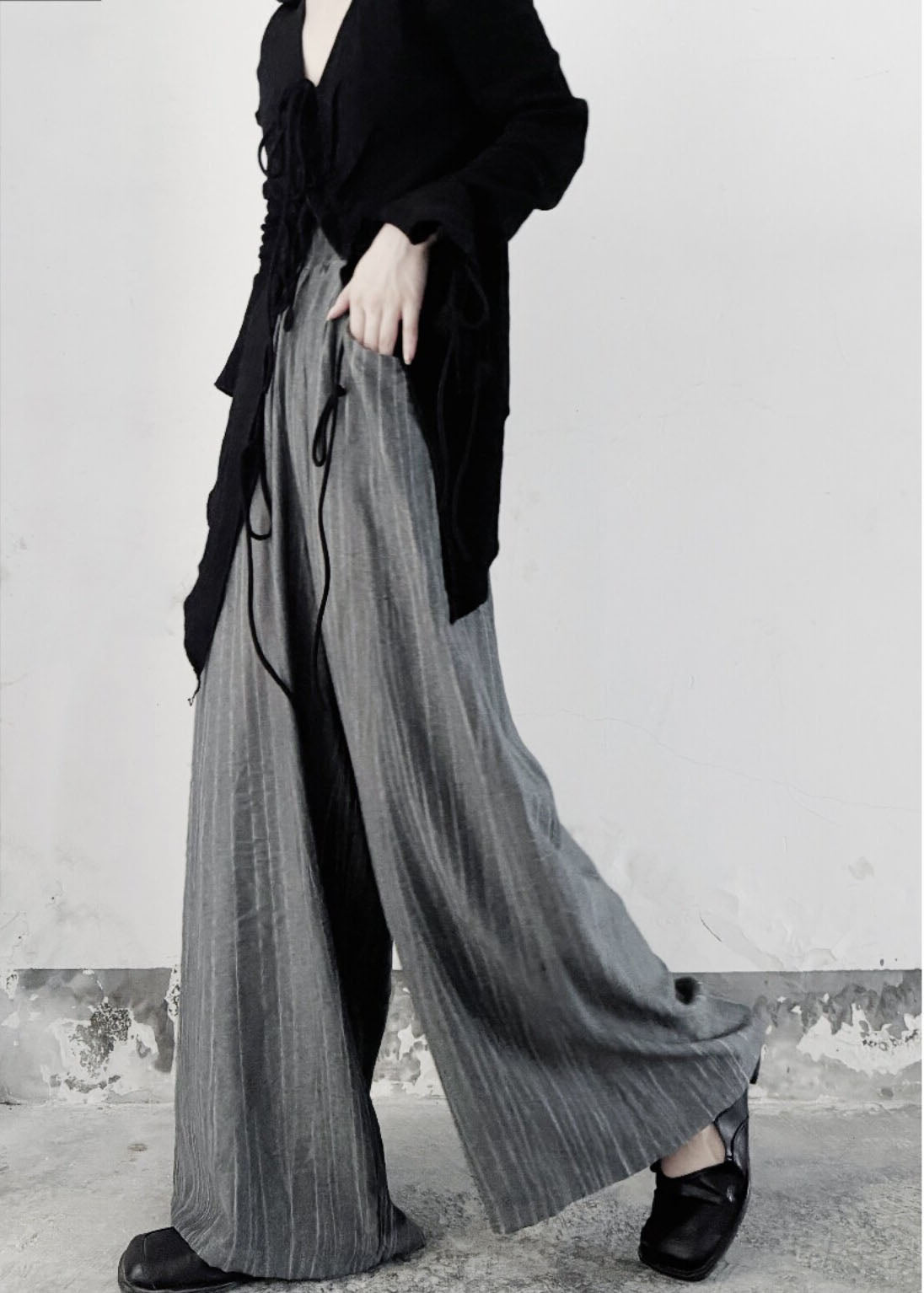 Organic Grey Oversized Wrinkled Cotton Wide Leg Pants Fall