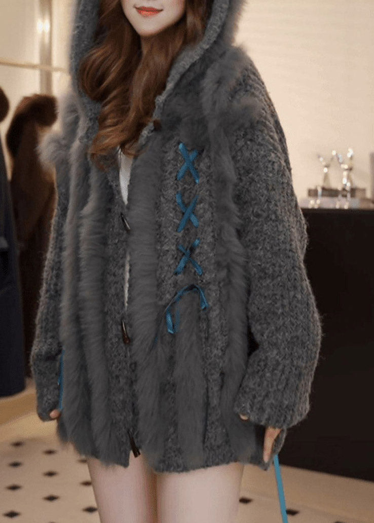 Organic Grey Patchwork Tie Lace Hooded Cotton Knit Cardigan Fall