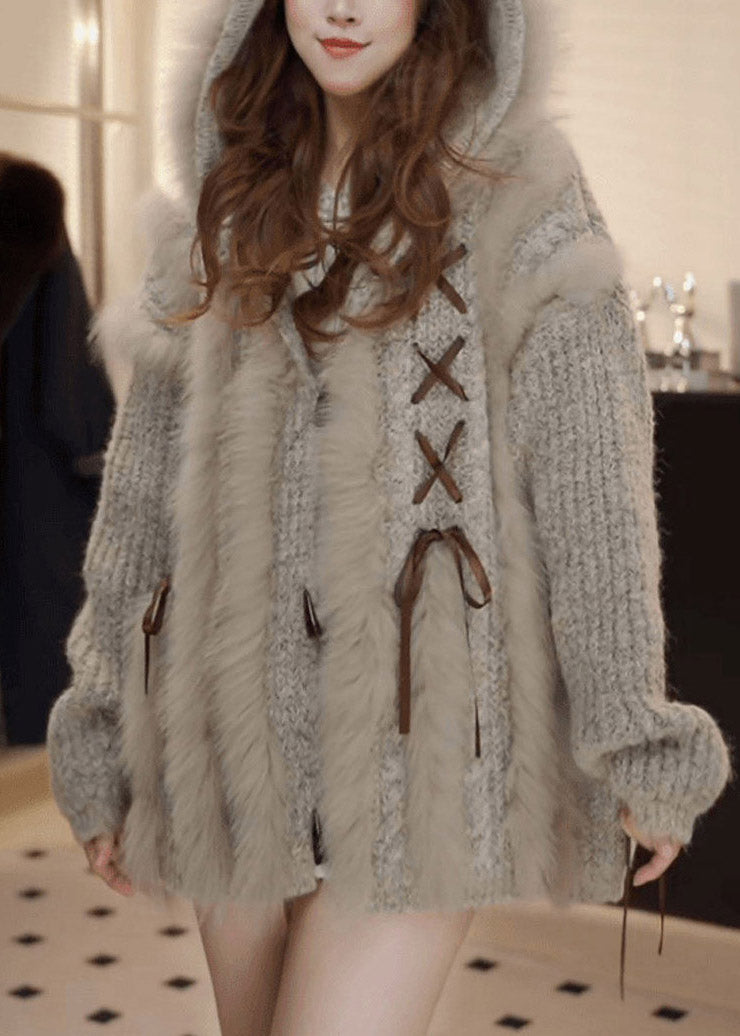 Organic Grey Patchwork Tie Lace Hooded Cotton Knit Cardigan Fall
