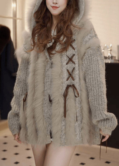 Organic Grey Patchwork Tie Lace Hooded Cotton Knit Cardigan Fall