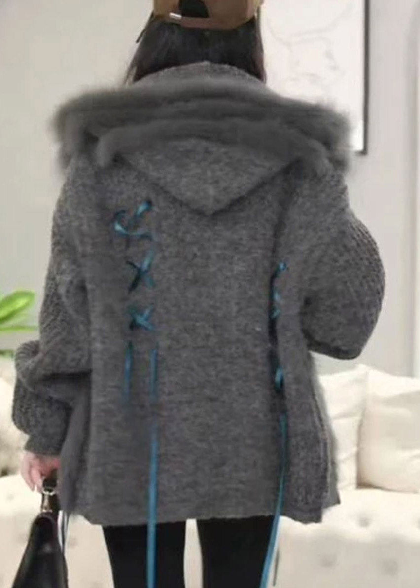 Organic Grey Patchwork Tie Lace Hooded Cotton Knit Cardigan Fall