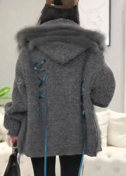 Organic Grey Patchwork Tie Lace Hooded Cotton Knit Cardigan Fall