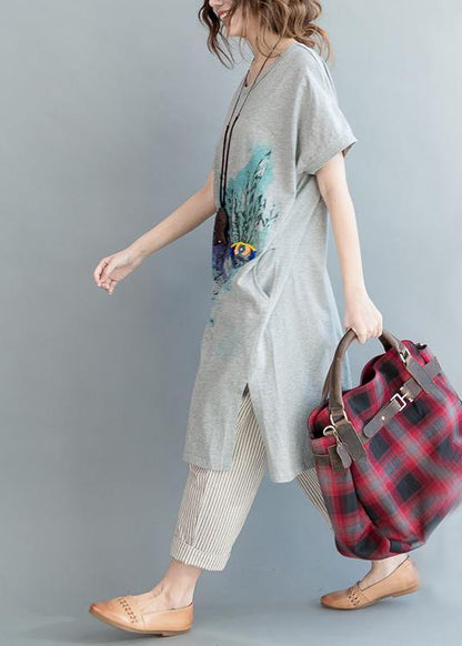 Organic Grey Print Cotton side open Summer Vacation Dresses - SooLinen