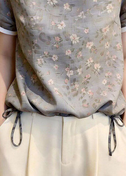 Organic Grey Print Drawstring Chiffon Shirt Summer