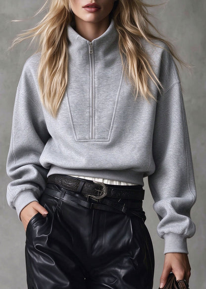 Organic Grey Stand Collar Zip Up Patchwork Cotton Pullover Streetwear Fall