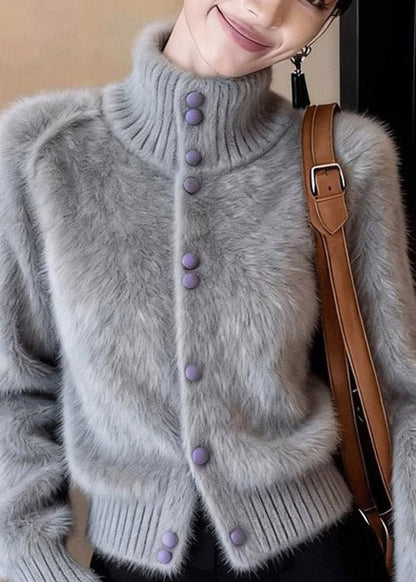 Organic Grey Turtleneck Patchwork Cotton Knit Cardigan Long Sleeve
