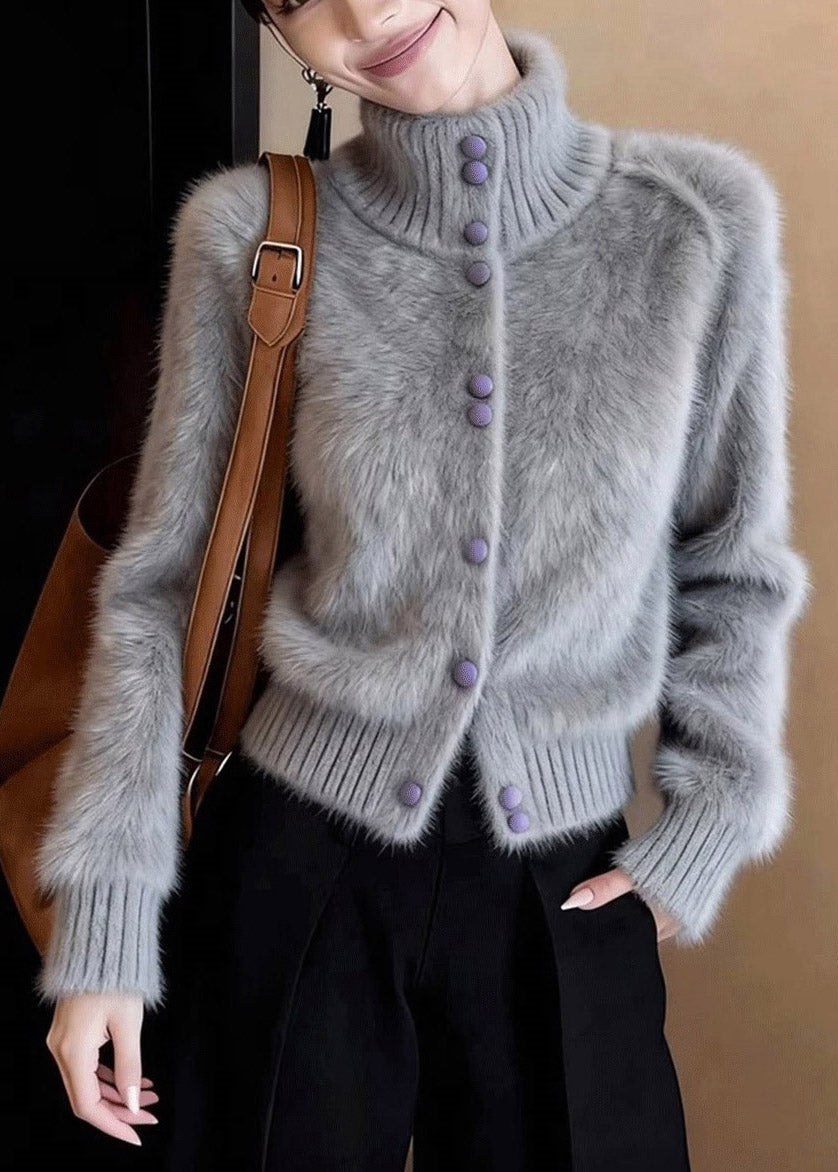 Organic Grey Turtleneck Patchwork Cotton Knit Cardigan Long Sleeve