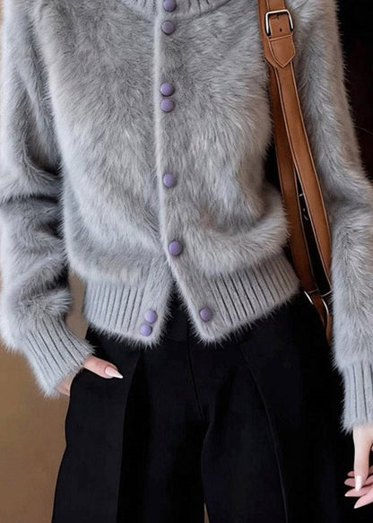 Organic Grey Turtleneck Patchwork Cotton Knit Cardigan Long Sleeve