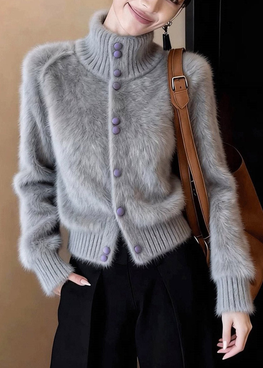 Organic Grey Turtleneck Patchwork Cotton Knit Cardigan Long Sleeve