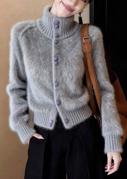 Organic Grey Turtleneck Patchwork Cotton Knit Cardigan Long Sleeve