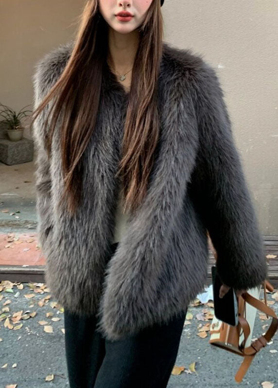 Organic Grey V Neck Leather And Fur Coats Long Sleeve