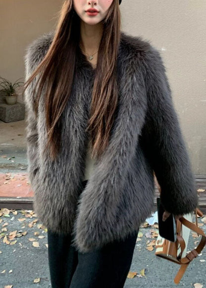 Organic Grey V Neck Leather And Fur Coats Long Sleeve