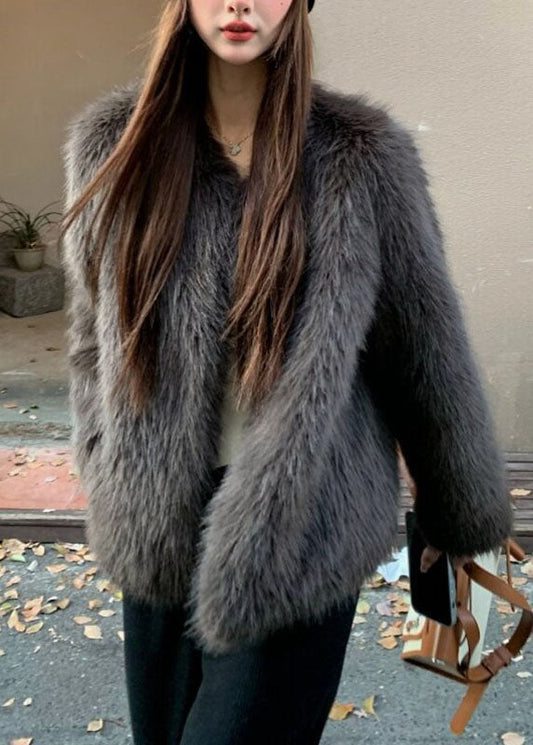 Organic Grey V Neck Leather And Fur Coats Long Sleeve