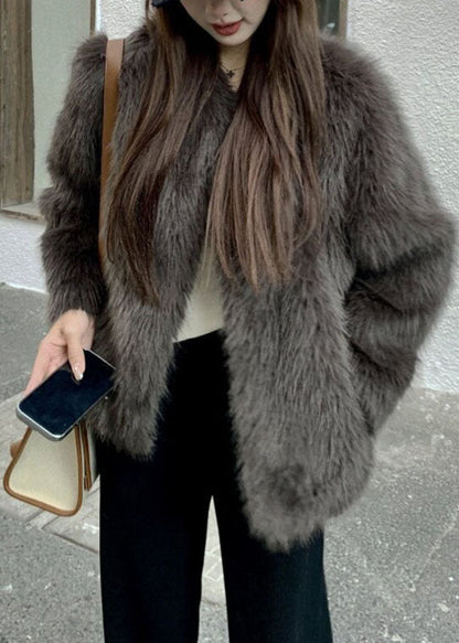 Organic Grey V Neck Leather And Fur Coats Long Sleeve