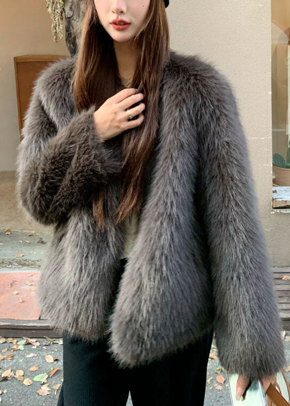 Organic Grey V Neck Leather And Fur Coats Long Sleeve