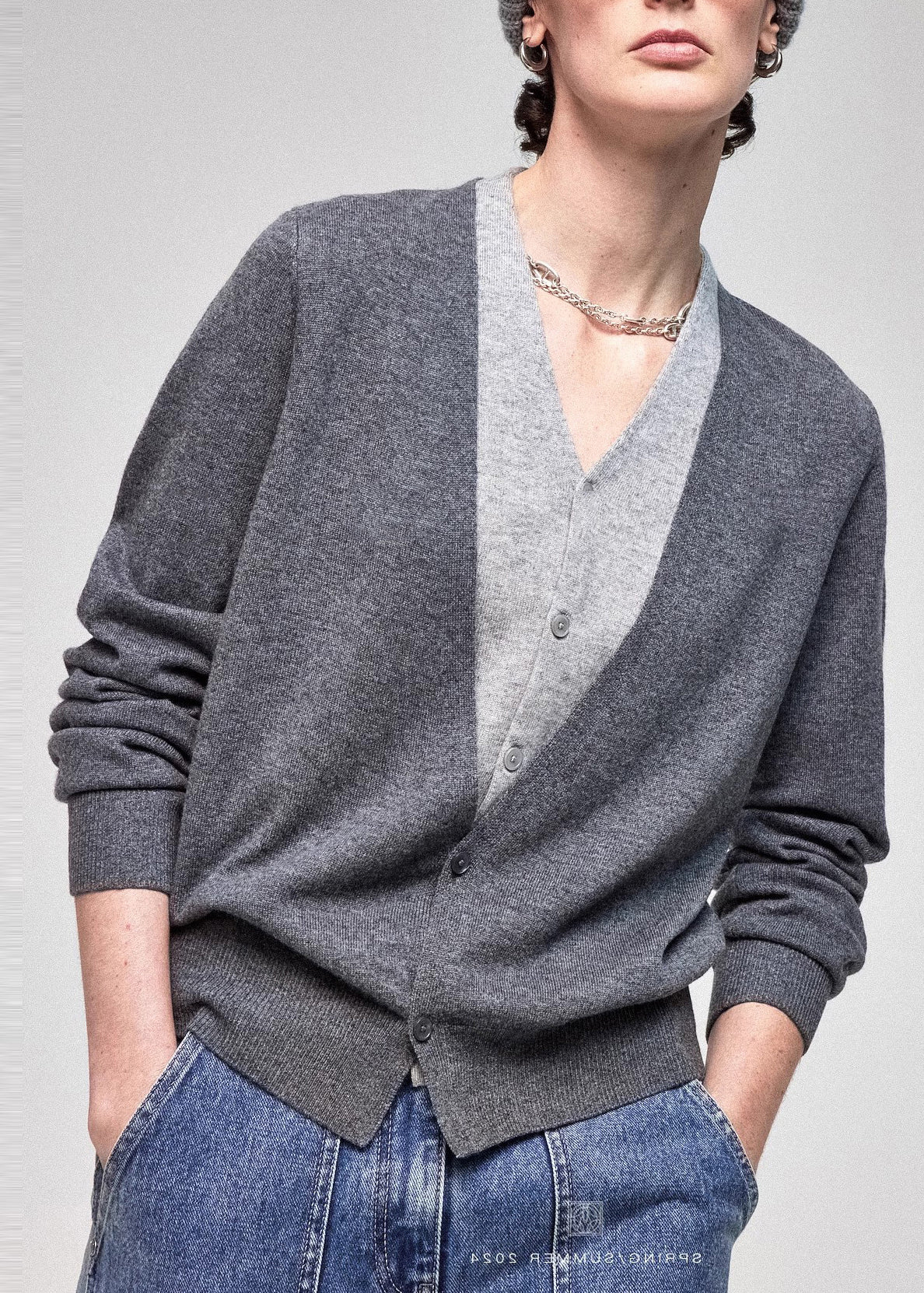 Organic Grey V Neck Patchwork Knit Fake Two Piece Tops Fall