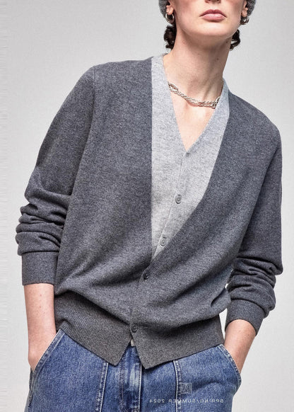 Organic Grey V Neck Patchwork Knit Fake Two Piece Tops Fall
