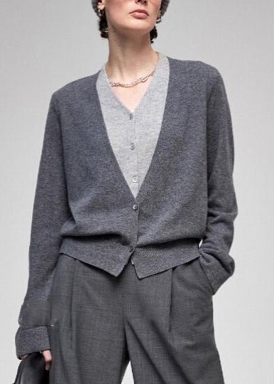 Organic Grey V Neck Patchwork Knit Fake Two Piece Tops Fall
