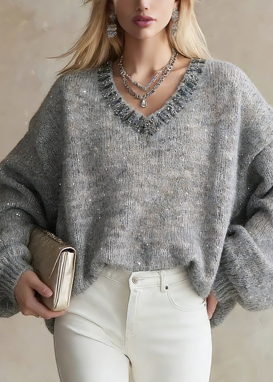 Organic Grey V Neck Zircon Cotton Knit Short Sweater Lantern Sleeve