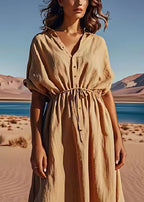 Organic Khaki Drawstring Button Patchwork Linen Dress Summer