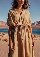 Load image into Gallery viewer, Organic Khaki Drawstring Button Patchwork Linen Dress Summer