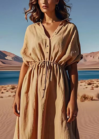 Organic Khaki Drawstring Button Patchwork Linen Dress Summer