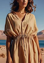 Organic Khaki Drawstring Button Patchwork Linen Dress Summer