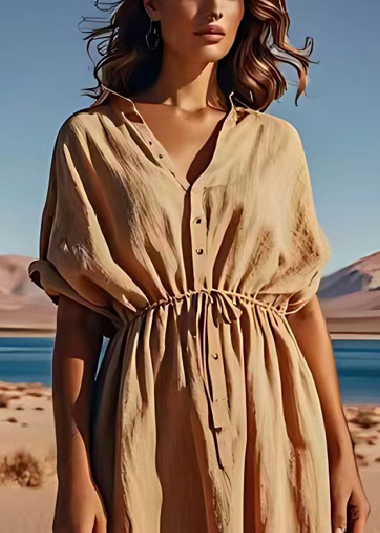 Organic Khaki Drawstring Button Patchwork Linen Dress Summer