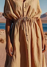 Load image into Gallery viewer, Organic Khaki Drawstring Button Patchwork Linen Dress Summer