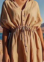 Organic Khaki Drawstring Button Patchwork Linen Dress Summer