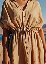 Load image into Gallery viewer, Organic Khaki Drawstring Button Patchwork Linen Dress Summer