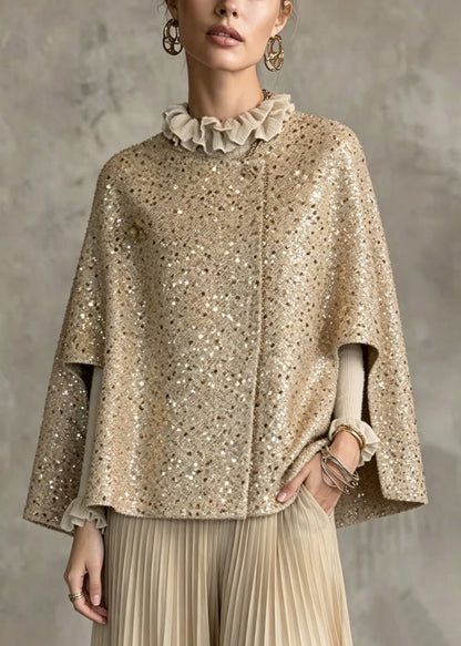 Organic Khaki O-Neck Sequins Woolen Cloak Coats Fall