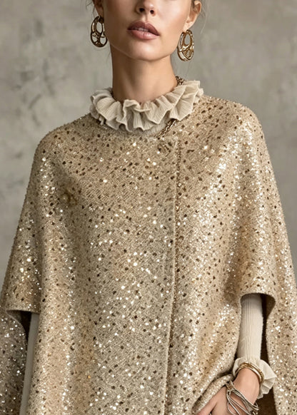 Organic Khaki O-Neck Sequins Woolen Cloak Coats Fall