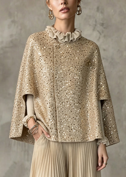 Organic Khaki O-Neck Sequins Woolen Cloak Coats Fall