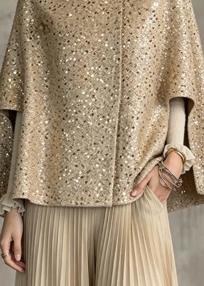 Organic Khaki O-Neck Sequins Woolen Cloak Coats Fall