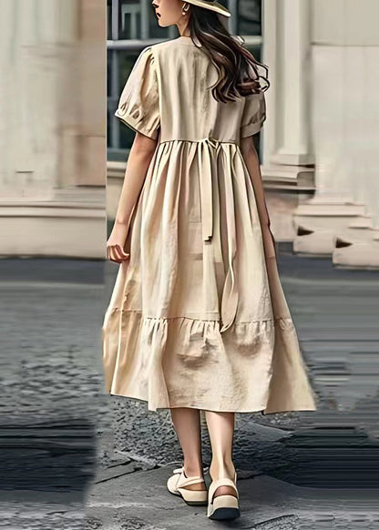 Organic Khaki O Neck Wrinkled Patchwork Linen Dress Summer