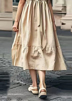 Organic Khaki O Neck Wrinkled Patchwork Linen Dress Summer