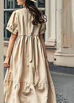 Organic Khaki O Neck Wrinkled Patchwork Linen Dress Summer