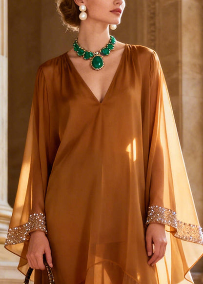 Organic Khaki Oversized Rhinestone Chiffon Long Dresses Batwing Sleeve