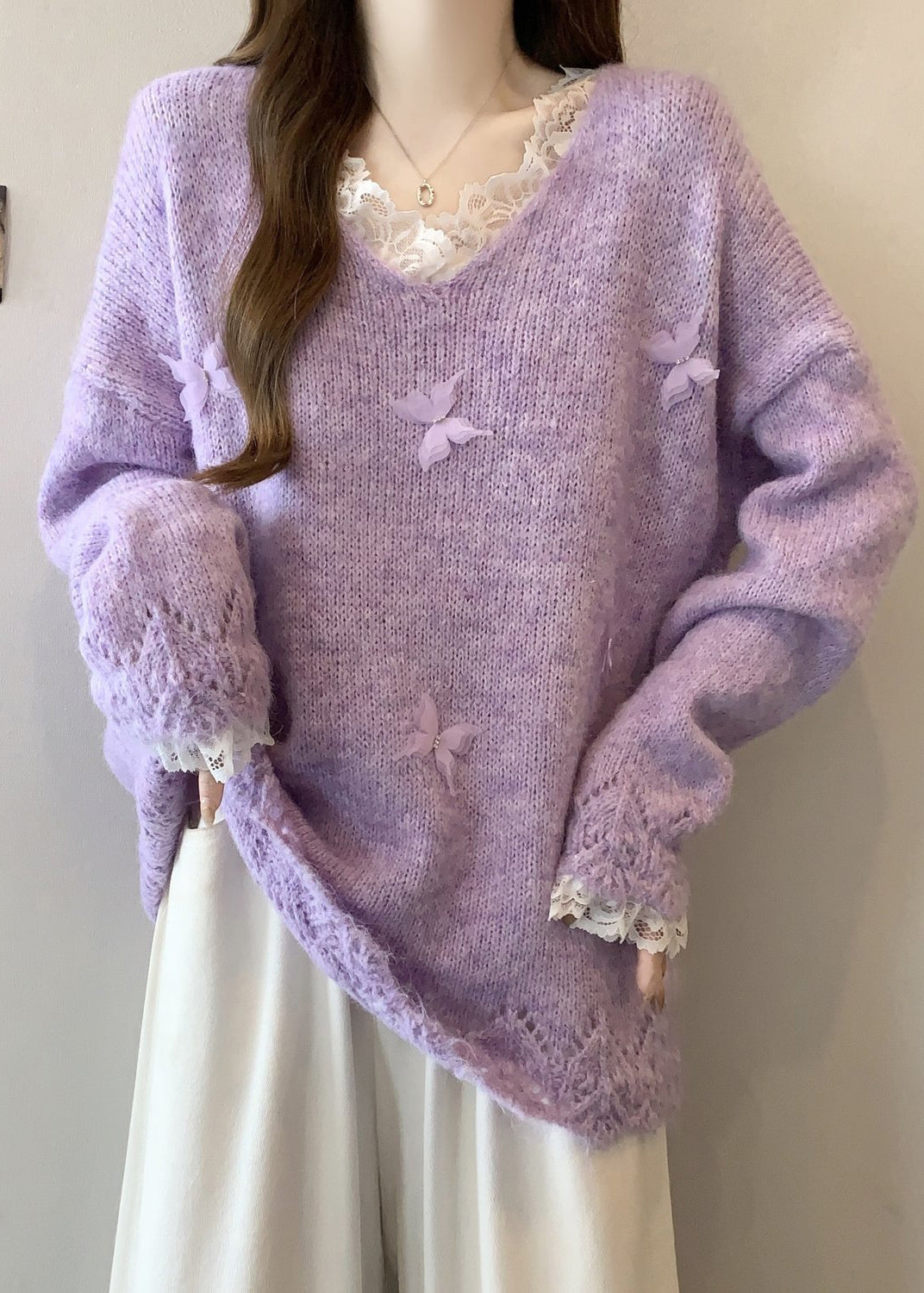 Organic Lavender Oversized Patchwork Butterfly Knit Sweaters Fall