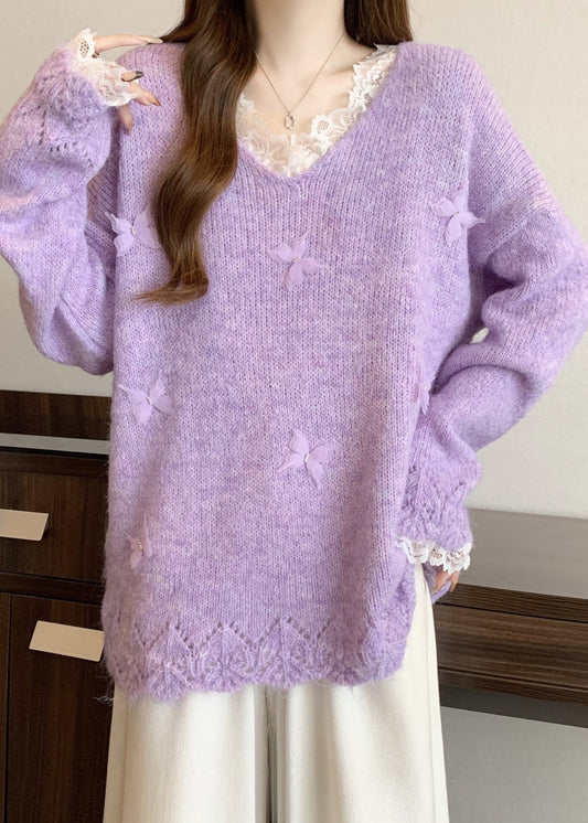 Organic Lavender Oversized Patchwork Butterfly Knit Sweaters Fall