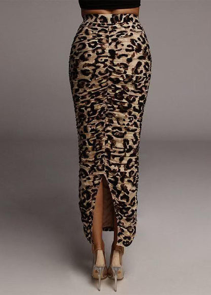 Organic Leopard Print High Waist Wrinkled Maxi Skirts Summer