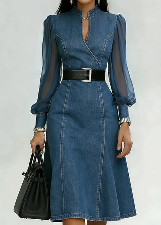 Organic Light Blue Stand Collar Patchwork Denim Dress Summer