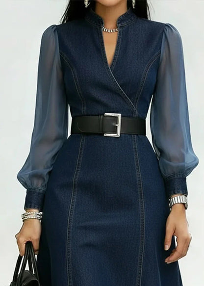 Organic Light Blue Stand Collar Patchwork Denim Dress Summer