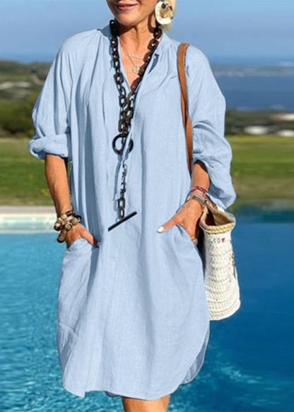 Organic Light Blue V Neck Patchwork Pockets Vacation Mid Dresses Fall