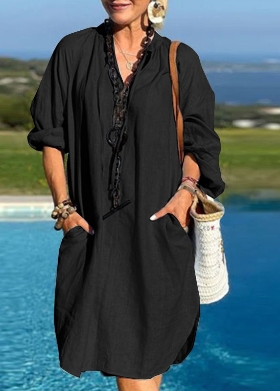 Organic Light Blue V Neck Patchwork Pockets Vacation Mid Dresses Fall