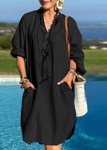 Organic Light Blue V Neck Patchwork Pockets Vacation Mid Dresses Fall