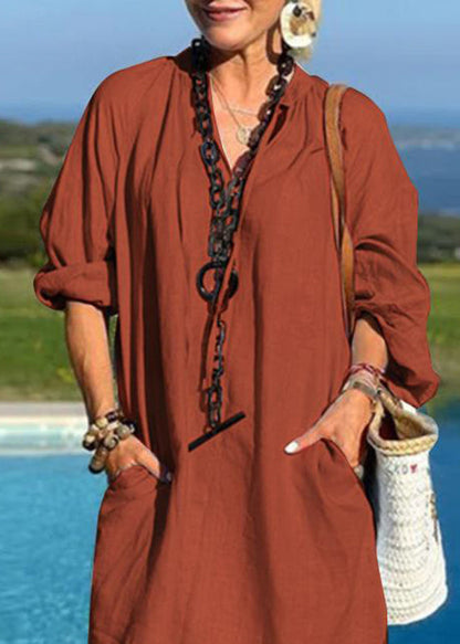 Organic Light Blue V Neck Patchwork Pockets Vacation Mid Dresses Fall