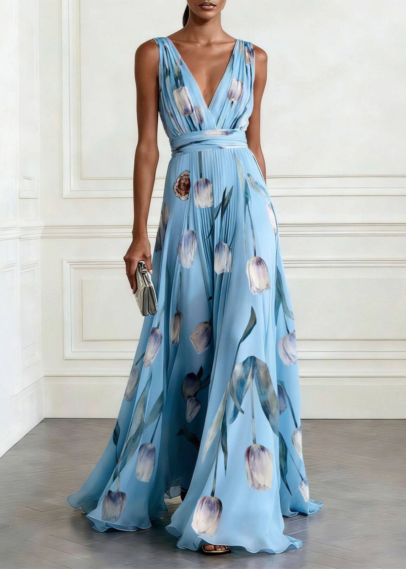 Organic Light Blue V Neck Print Chiffon Maxi Spaghetti Strap Dress Summer